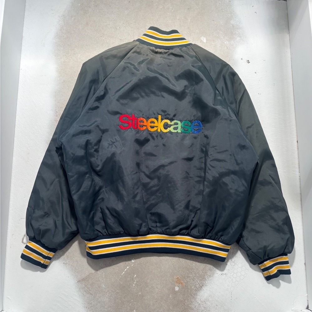 Vintage Westark Steelcase Satin Bomber Jacket Mens XL Navy Blue Rainbow Logo USA - Picture 1 of 6